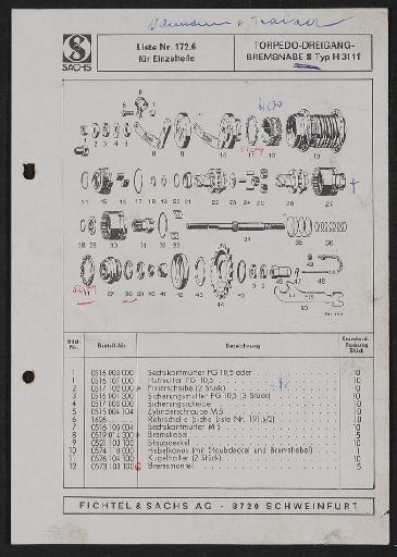 Fichtel und Sachs Torpedo-Dreigang-Bremsnabe S Typ H 3111 Ersatzteile- u. Preisliste 1976