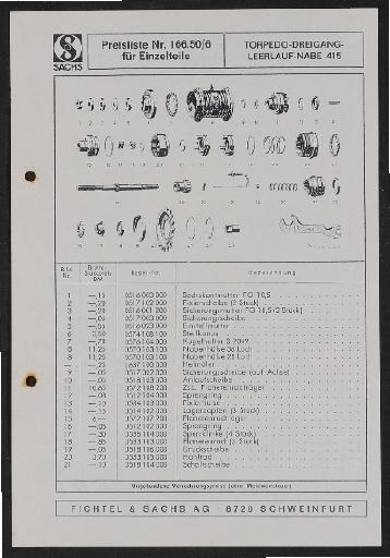 Fichtel und Sachs Torpedo-Dreigang-Leerlaufnabe 415 Ersatzteile- u. Preisliste 1971