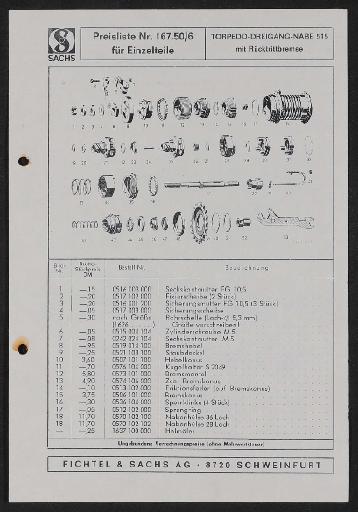 Fichtel und Sachs Torpedo-Dreigang-Nabe 515 mit Rücktrittbremse Ersatzteile- u. Preisliste 1971