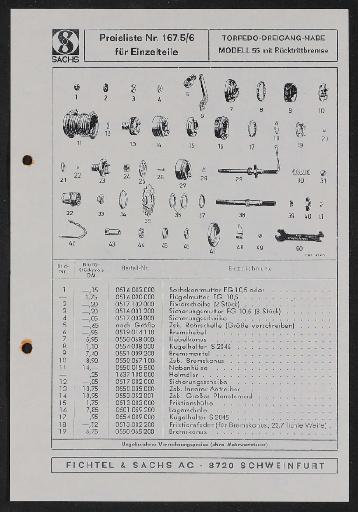 Fichtel und Sachs Torpedo-Dreigang-Nabe Modell 55 mit Rücktrittbremse Ersatzteile- u. Preisliste 1971