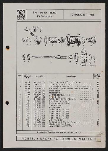 Fichtel und Sachs Torpedo-Jet-Nabe Ersatzteile- u. Preisliste 1972