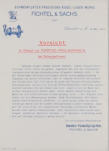 Torpedo Freilaufnabe Information für Händler 1910