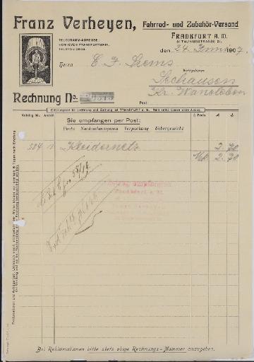 Franz Verheyen, Fahrradzubehör, Rechnung 1907