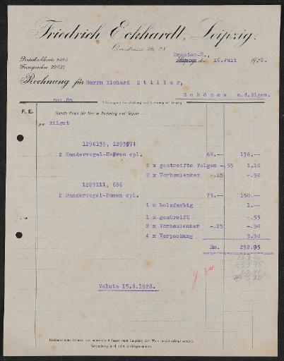 Friedrich Eckhardt Rechnung für Wandervogel Fahrräder 1928