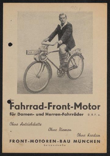 Fahrrad-Front-Motor Front-Motoren-Bau München Faltblatt 30er Jahre
