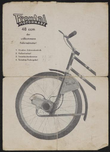 Frontal Motornabe 48ccm der vollkommene Fahrradmotor Faltblatt 1950