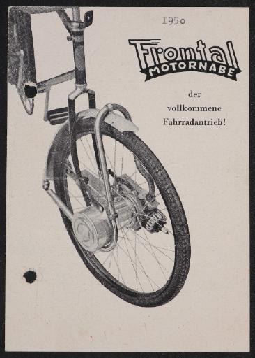 Frontal Motornabe der vollkommene Fahrradantrieb Faltblatt 1950