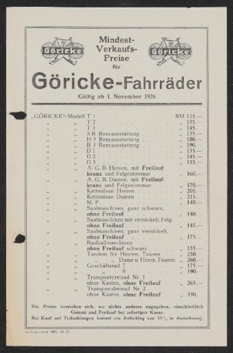 Göricke Fahrräder Preisliste 1926