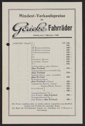 Göricke Fahrräder Preisliste 1928