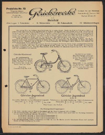 Göricke Kinder- Jugendfahrrad Preisliste 1927