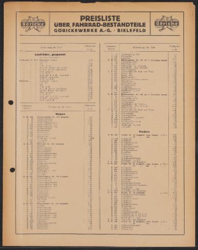 Göricke Preisliste 1920er Jahre