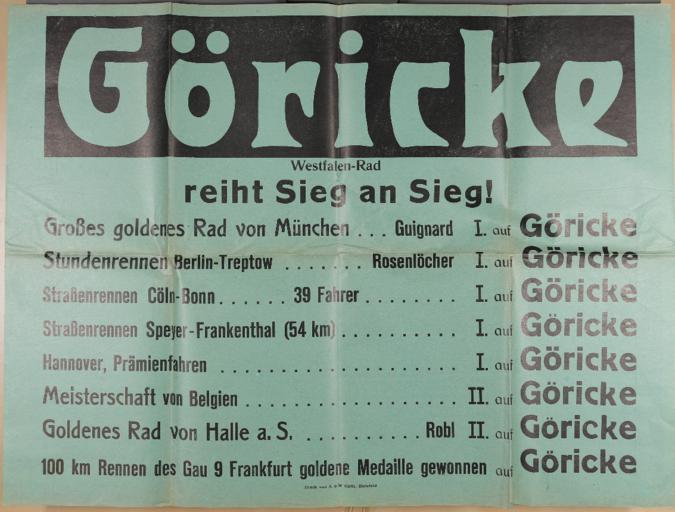 Göricke Westfalen-Rad Radrenn Plakat 1900er Jahre