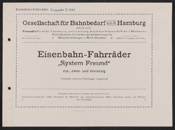 Gesellschaft für Bahnbedarf, Eisenbahn-Fahrräder, Draisinen, Katalog 1910