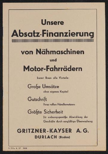 Gritzner-Kayser Durlach Absatz-Finanzierung von Nähmaschinen und Motor-Fahrrädern Prospekt 1937