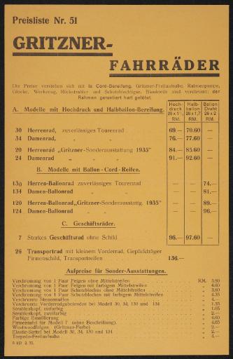 Gritzner Fahrräder Preisliste Nr. 51 Preisliste 1935