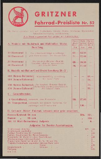 Gritzner Fahrräder Preislisten 1936