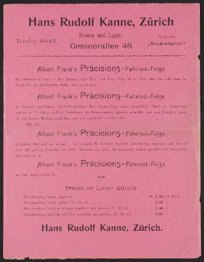 H.R. Kanne Fahrradfelgen, Preisliste 1890er Jahre