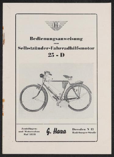 Haza Dresden Bedienungsanweisung zum Selbstzünder-Fahrradhilfsmotor 25-D Anleitung 1956