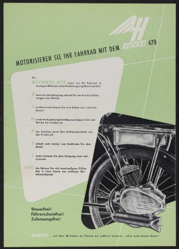 Heinkel 470 Fahrrad-Hilfsmotor Werbeblatt 50er Jahre