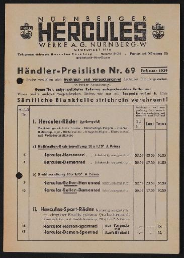 Hercules Preisliste 1939