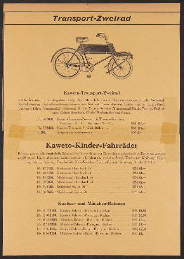 Kaweto Transport-Zweirad Kinder-Fahrräder, Excelsior-Motorfahrrad Werbeblatt 1930er Jahre