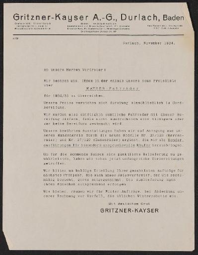 Kayser Fahrräder Händlerinformation 1934