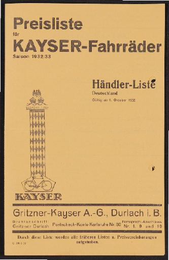 Kayser Fahrräder Preislisten 1930er Jahre