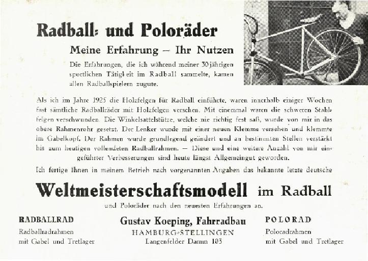 Koeping Radball- und Poloräder Werbeblatt 1950er Jahre