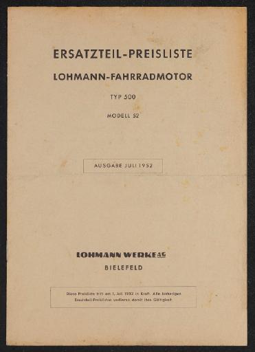 Lohmann Ersatzteil-Preisliste Fahrradmotor Typ 500 Modell 52 Preisliste Juli 1952