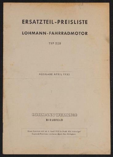 Lohmann Ersatzteil-Preisliste Fahrradmotor Typ 500 Preisliste April 1953