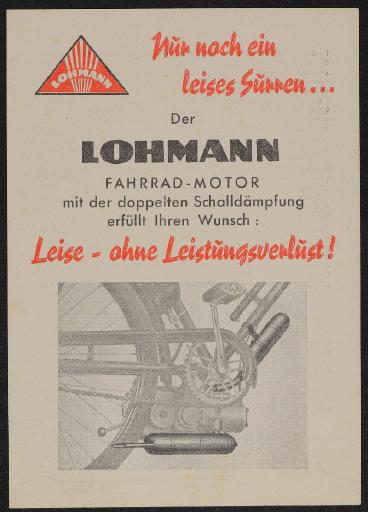 Lohmann Fahrrad-Motor Nur ein leises Surren ... Leise - ohne Leistungsverlust Werbeblatt 50er Jahre