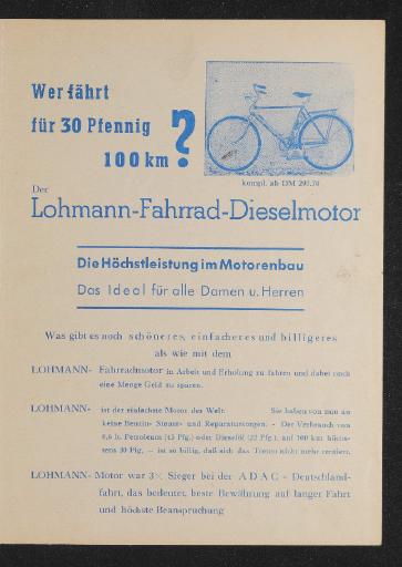 Lohmann Motor Der Lohmann-Fahrrad-Dieselmotor Faltblatt 50er Jahre