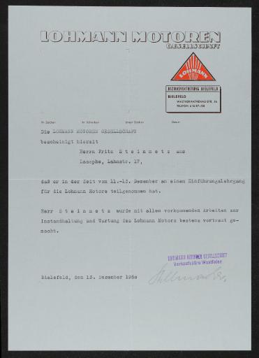 Lohmann Motoren Gesellschaft Lehrgang Anschreiben 1950