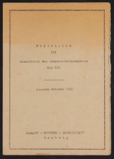 Lohmann Preisliste für Ersatzteile des Fahrradmotors Typ 500 Preisliste Oktober 1950