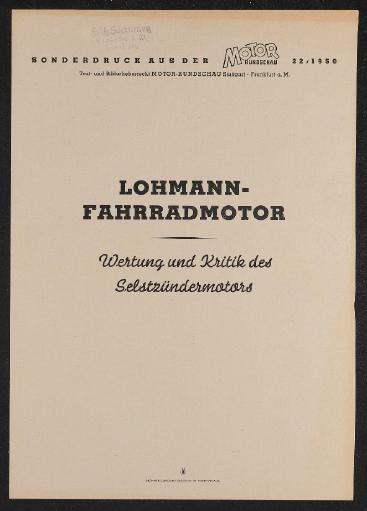 Lohmann-Motor Sonderdruck Motor Rundschau 22-50 Werbeblatt 1950