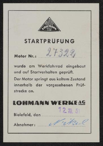 Lohmann-Motor Startprüfung Prüfsiegel 1951