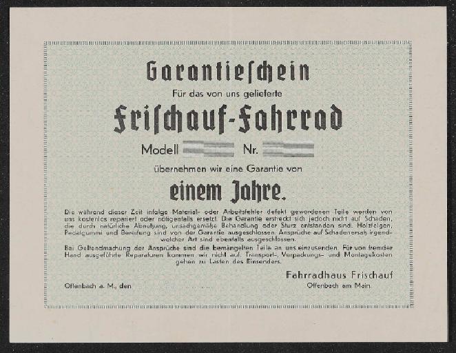 Mayweg Frischauf Garantieschein 1930er Jahre