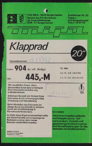 Mifa Modell 904 chr.-eff. (Keilg.) Garantieschein 1982