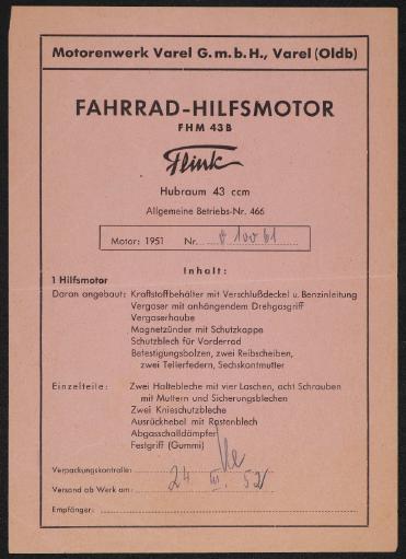 Flink FHM43B Fahrradhilfsmotor Motorenwerk Varel GmbH Lieferschein 1952