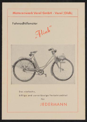 Flink Fahrradhilfsmotor Motorenwerk Varel GmbH Faltblatt 50er Jahre