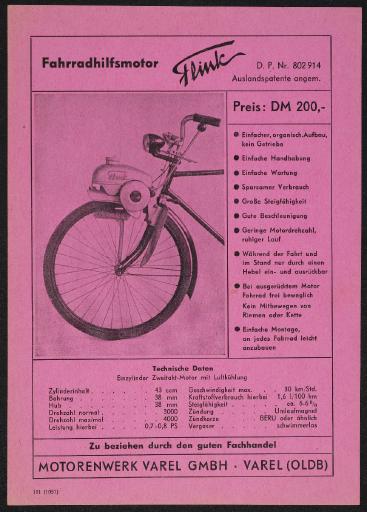 Flink Fahrradhilfsmotor Motorenwerk Varel GmbH Werbeblatt 1951
