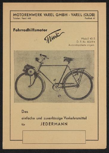 Flink Modell 43B Fahrradhilfsmotor Motorenwerk Varel GmbH Faltblatt 1951