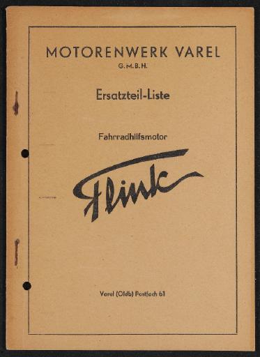 Flink Modell FHM 34 A B Fahrradhilfsmotor Motorenwerk Varel GmbH Ersatzteil-Liste 50er Jahre