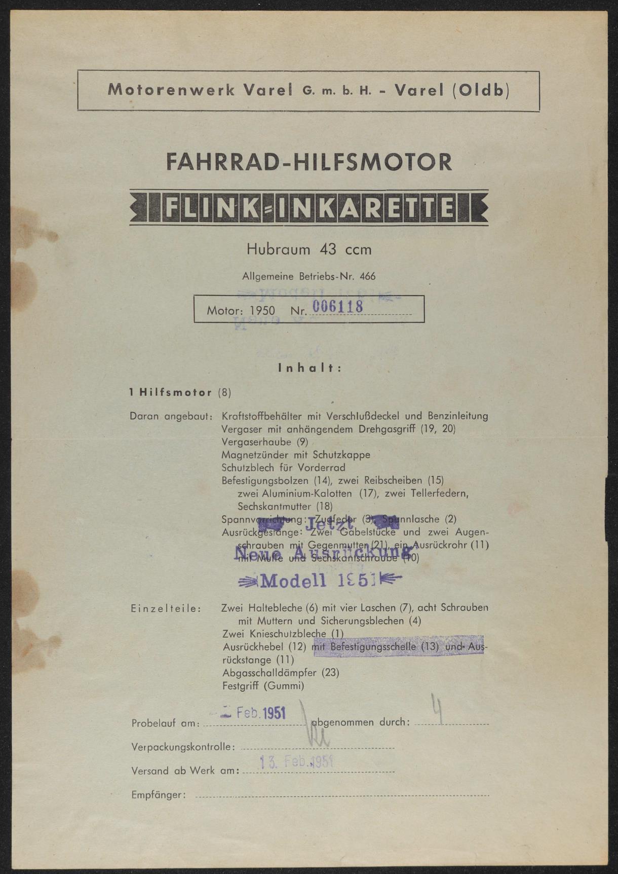 Flink-Inkarette Fahrradhilfsmotor Motorenwerk Varel GmbH Lieferschein 1951