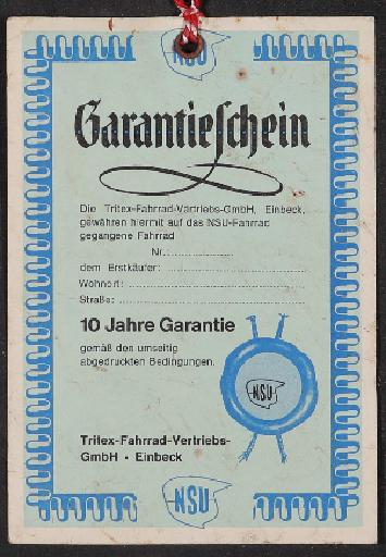 NSU Garantieschein 1960er Jahre