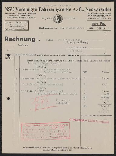 NSU Vereinigte Fahrzeugwerke A.G. Rechnung 1928