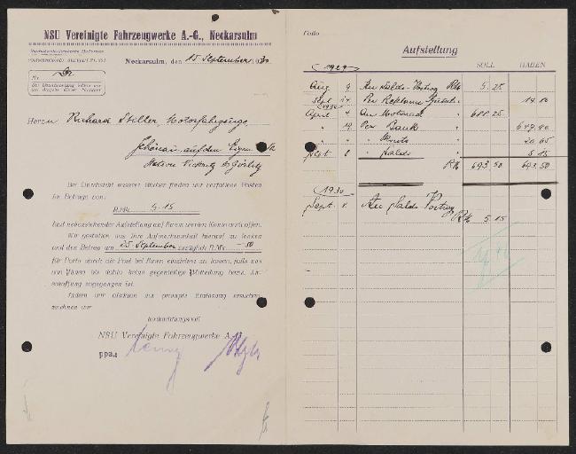 NSU Vereinigte Fahrzeugwerke A.G. Zahlungsmahnung  1930