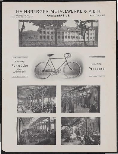 National Fahrräder Hainsberger Metallwerke Werbeblatt 1910er Jahre