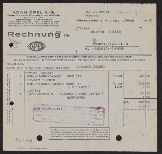 Adam Opel A.G. Fahrradabteilung Rechnungen 1930er Jahre