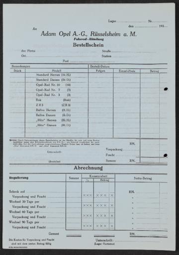 Opel Fahrräder Bestellschein 1930er Jahre